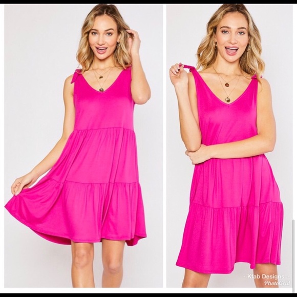 Sale ! Fuchsia Tired Ruffle Vneck Bow Detail Dress - Picture 7 of 7